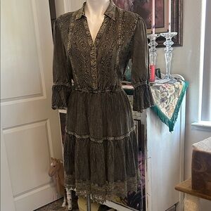 Elegant Green Black stonewashed Embroidered  Dress